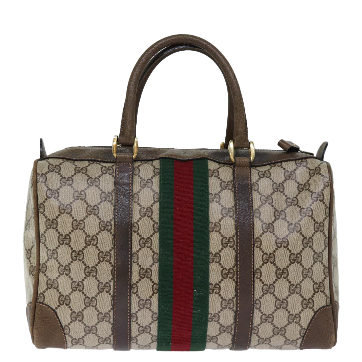 GUCCI GG Supreme Web Sherry Line Boston Bag PVC Vintage Beige Red yk12465
