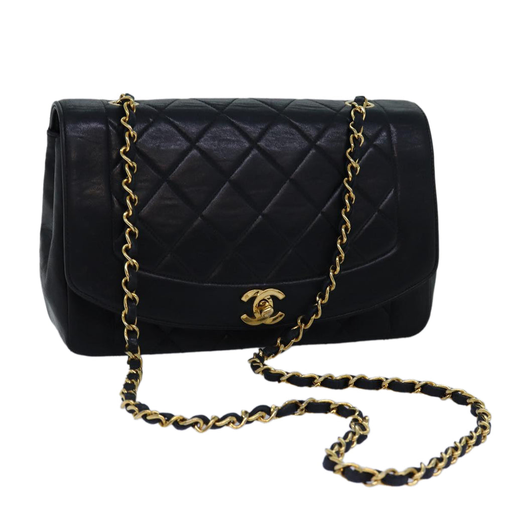 CHANEL Diana Matelasse Chain Shoulder Bag Lamb Skin Black CC yk12474