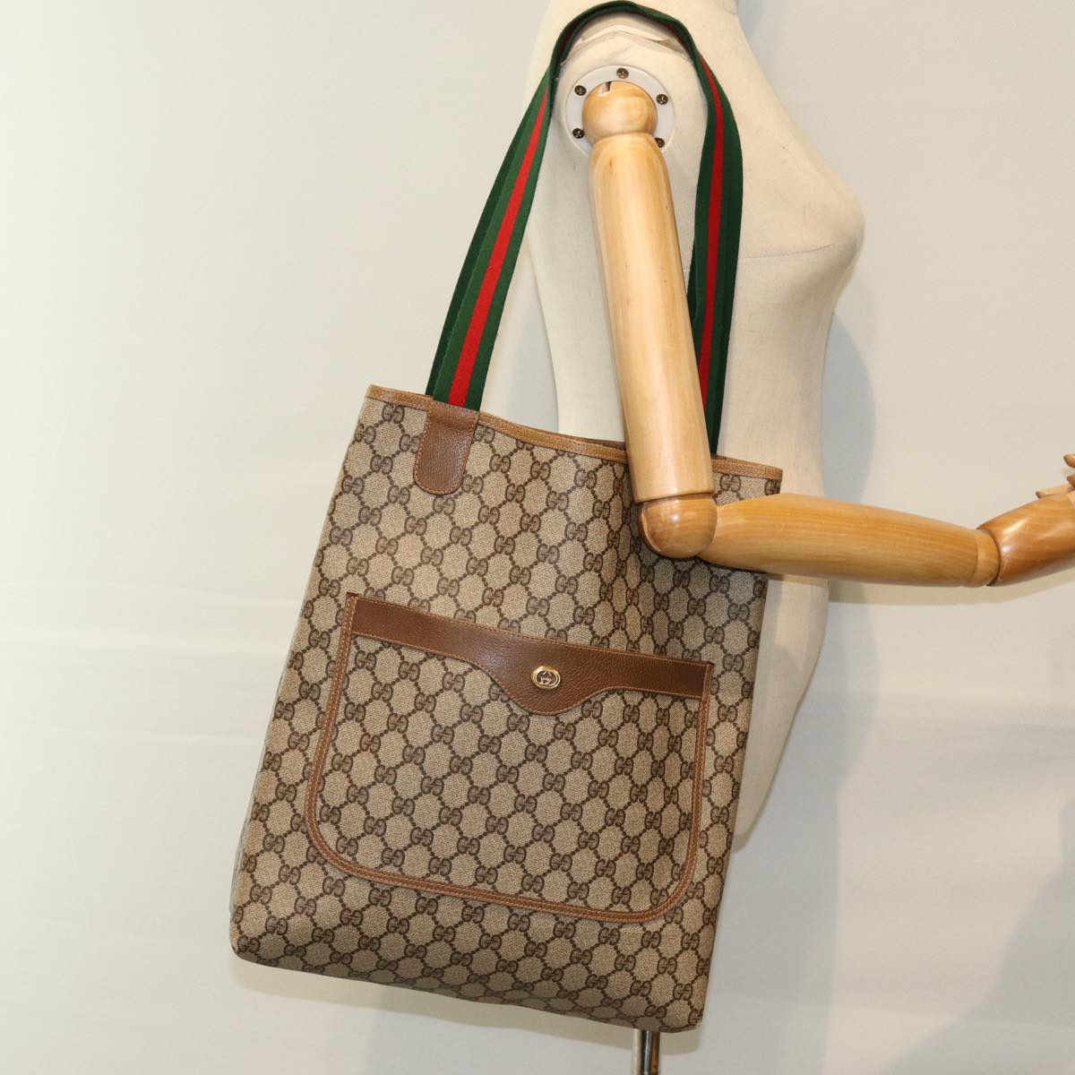 GUCCI GG Supreme Web Sherry Line Tote Bag PVC Beige Red 89 02 003 yk12548