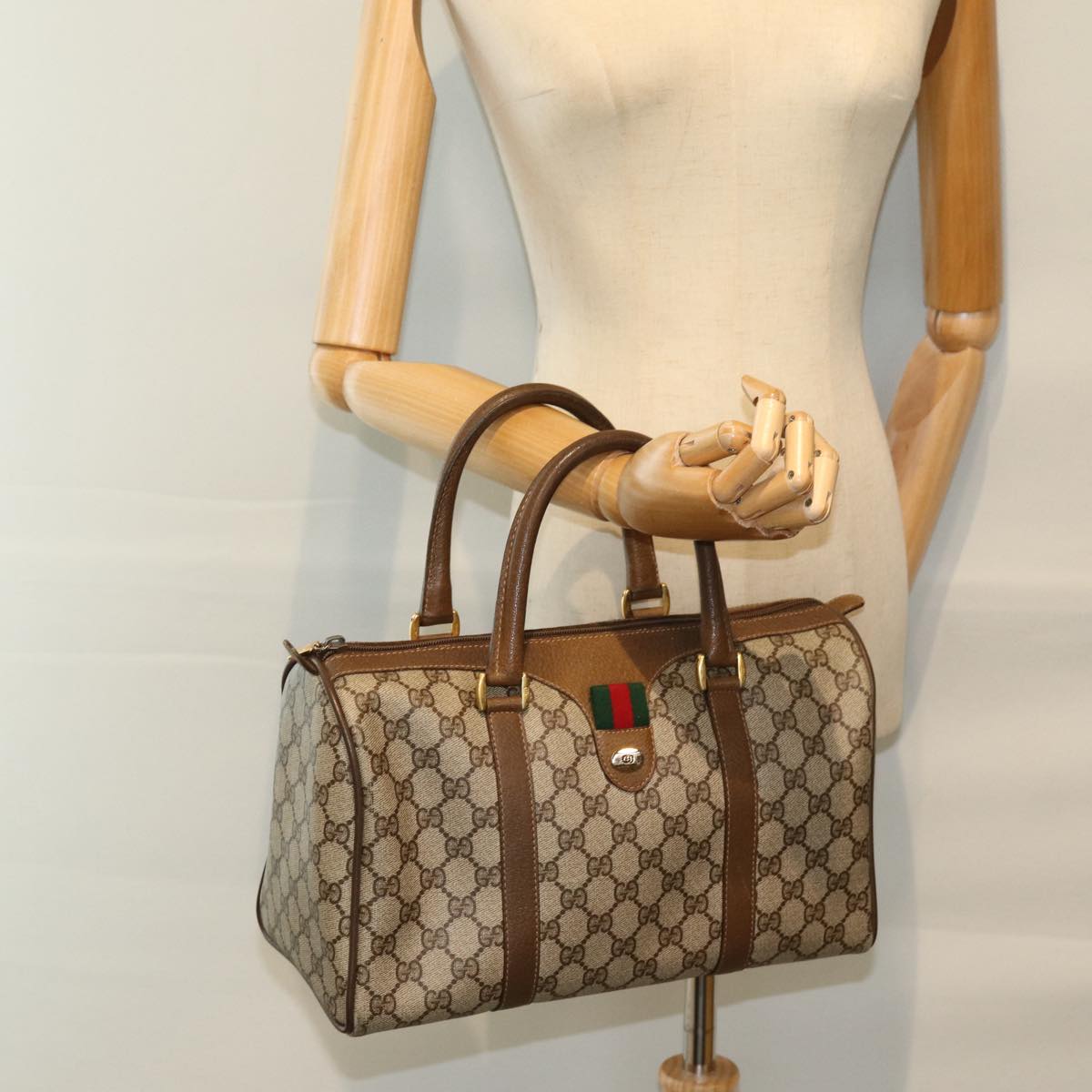 GUCCI GG Supreme Web Sherry Line Boston Bag PVC Beige Red 69 02 007 yk12611