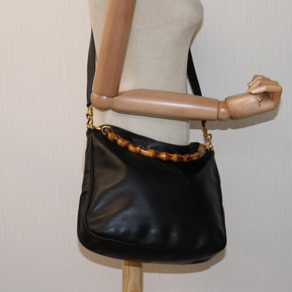 GUCCI Bamboo Hand Bag Leather 2way Black 001 1638 yk12693