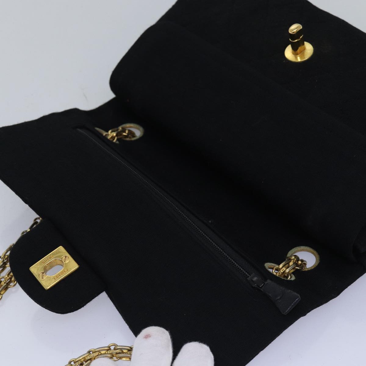 CHANEL Matelasse Turn Lock Chain Bag Cotton Vintage Black CC yk13023