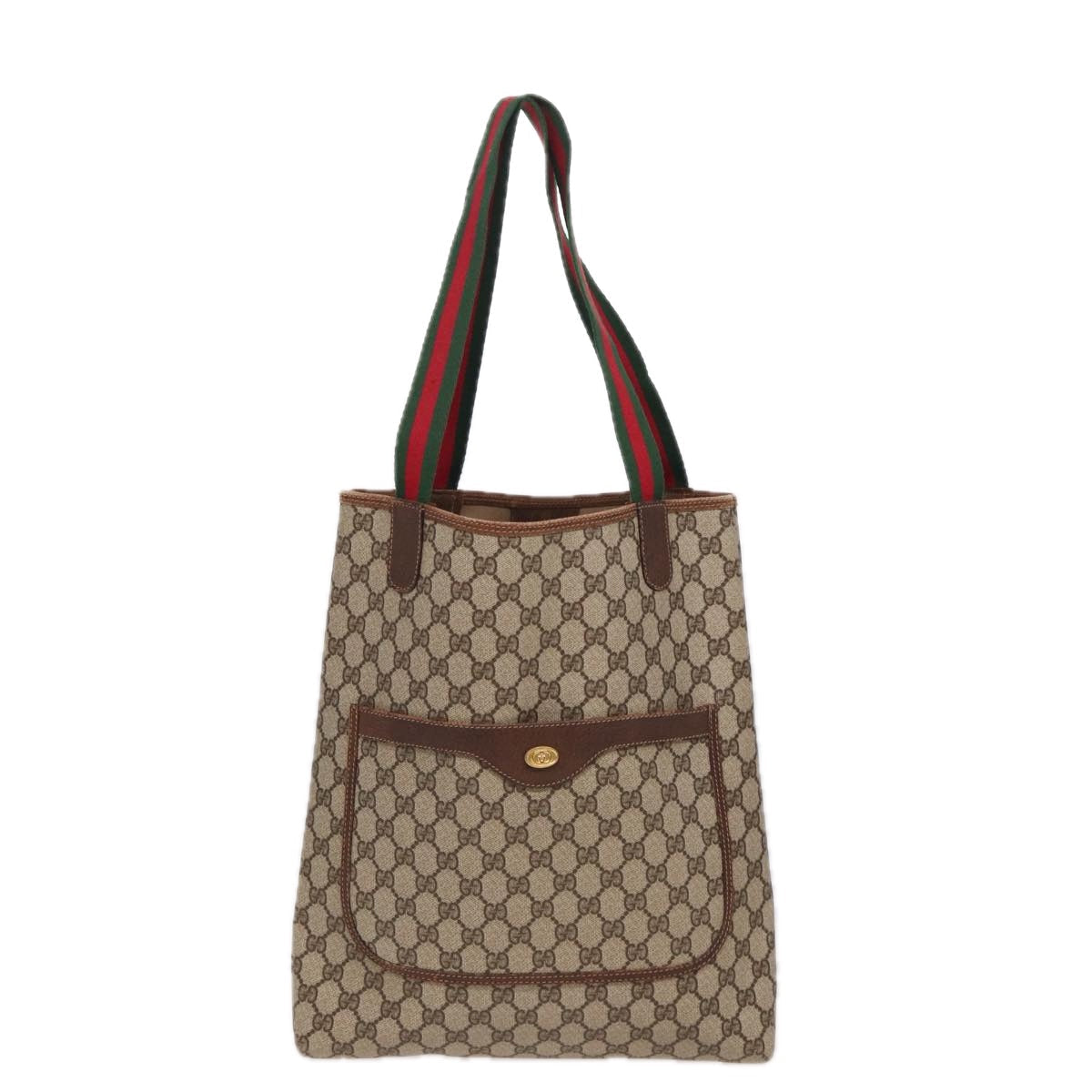 GUCCI GG Canvas Web Sherry Line Tote Bag PVC Leather Beige Green yk13433