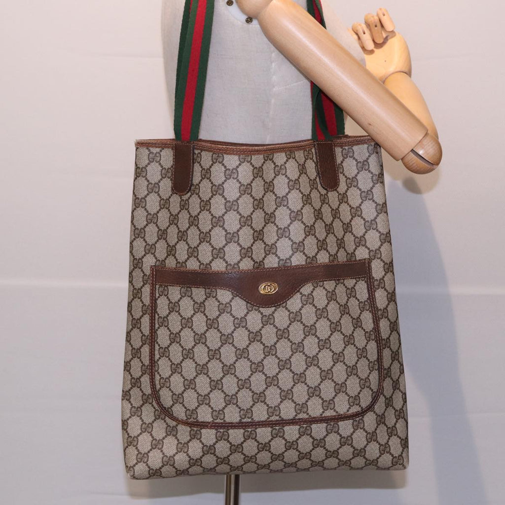 GUCCI GG Canvas Web Sherry Line Tote Bag PVC Leather Beige Green yk13433