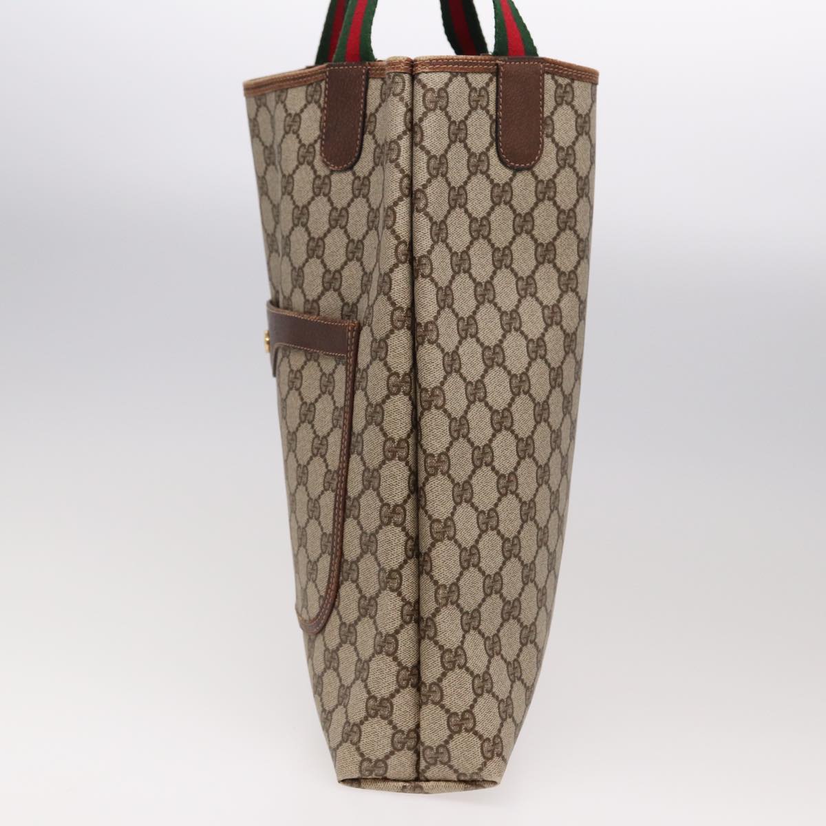 GUCCI GG Canvas Web Sherry Line Tote Bag PVC Leather Beige Green yk13433