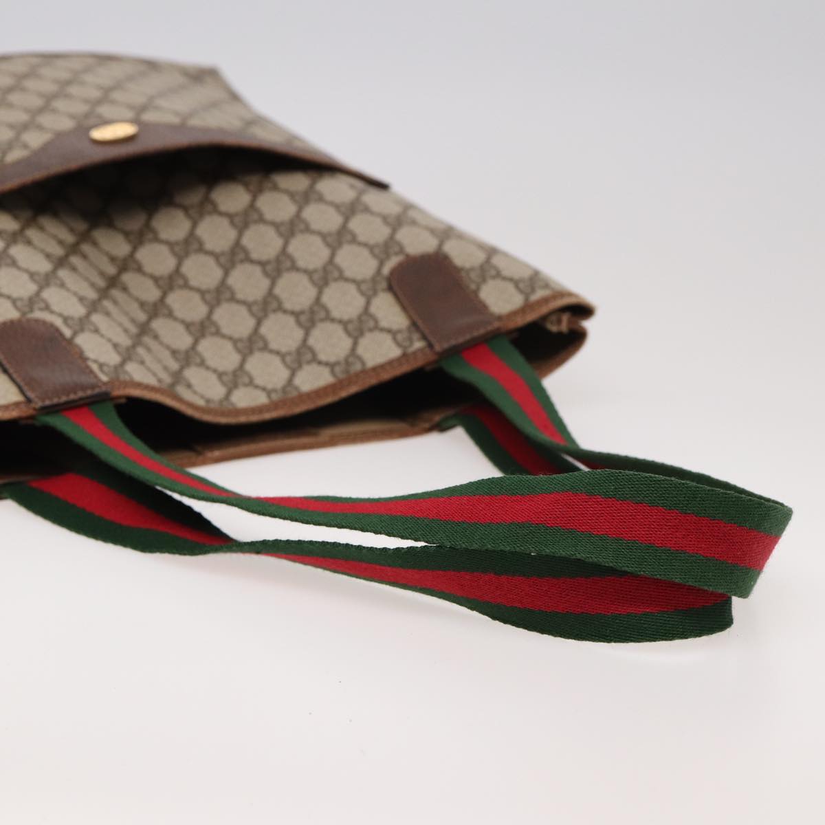 GUCCI GG Canvas Web Sherry Line Tote Bag PVC Leather Beige Green yk13433