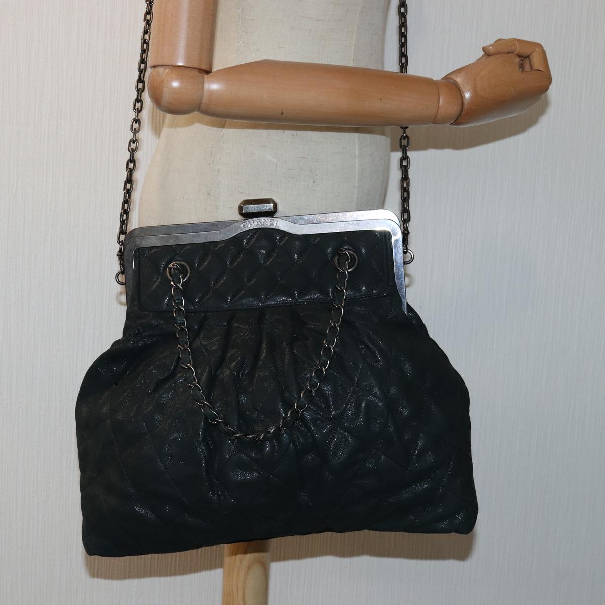 CHANEL Matelasse Chain Gamaguchi Hand Bag Leather 2way Black CC yk13501