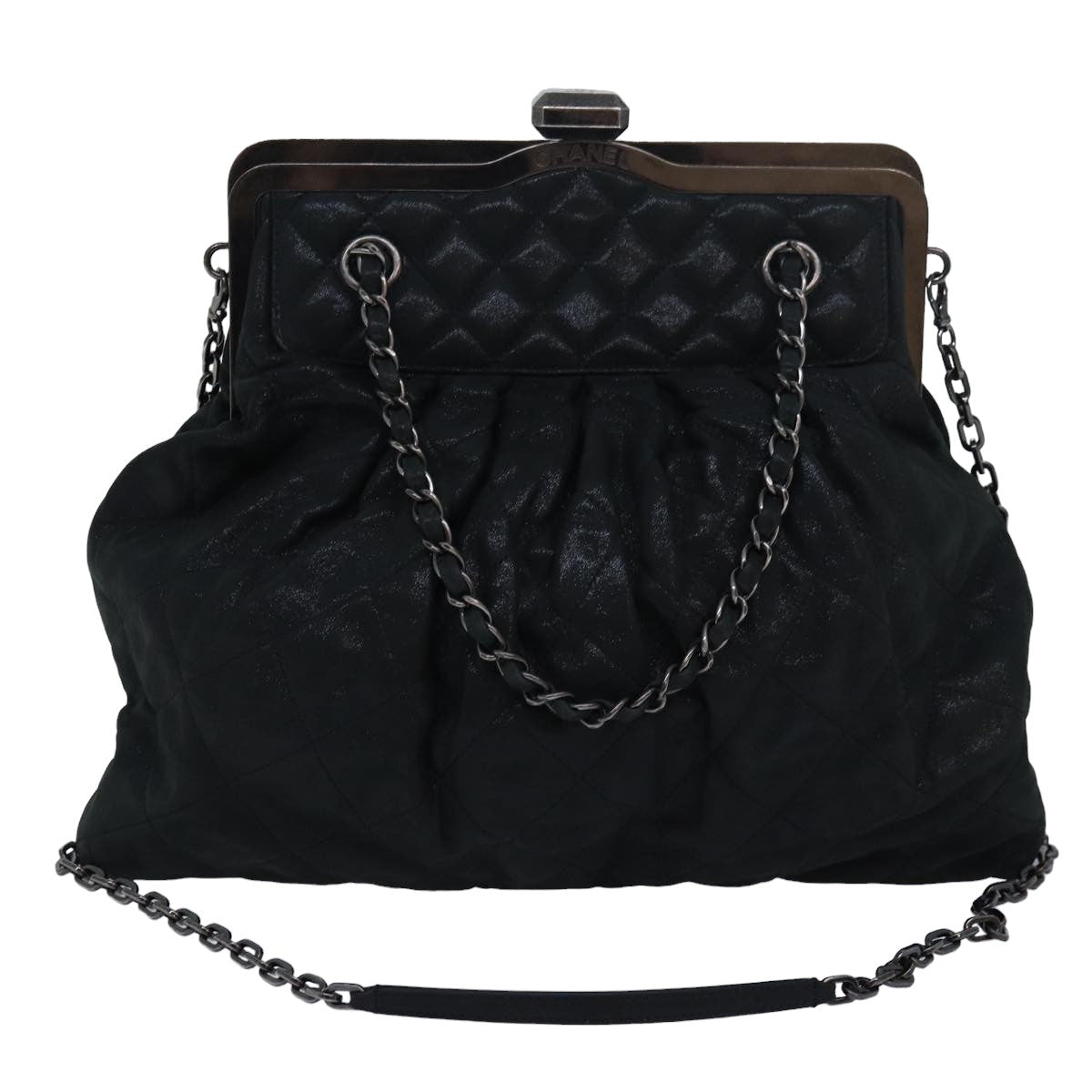 CHANEL Matelasse Chain Gamaguchi Hand Bag Leather 2way Black CC yk13501