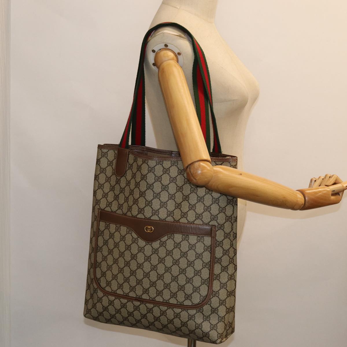 GUCCI GG Supreme Web Sherry Line Tote Bag PVC Beige 002 123 6487 yk13692
