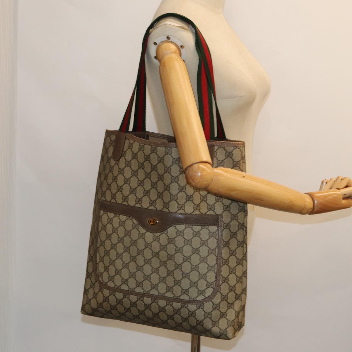 GUCCI GG Supreme Web Sherry Line Tote Bag PVC Beige Red 39 02 003 yk13752