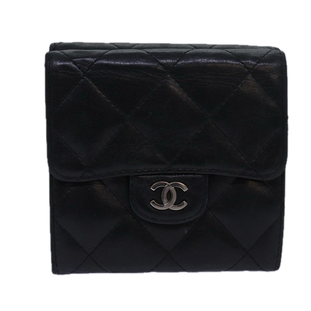 CHANEL Matelasse Compact Wallet Lamb Skin Black CC yk13810