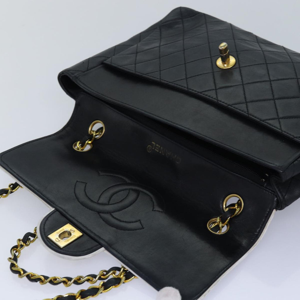 CHANEL Matelasse Turn Lock Chain Bag Lamb Skin Black White CC yk13824