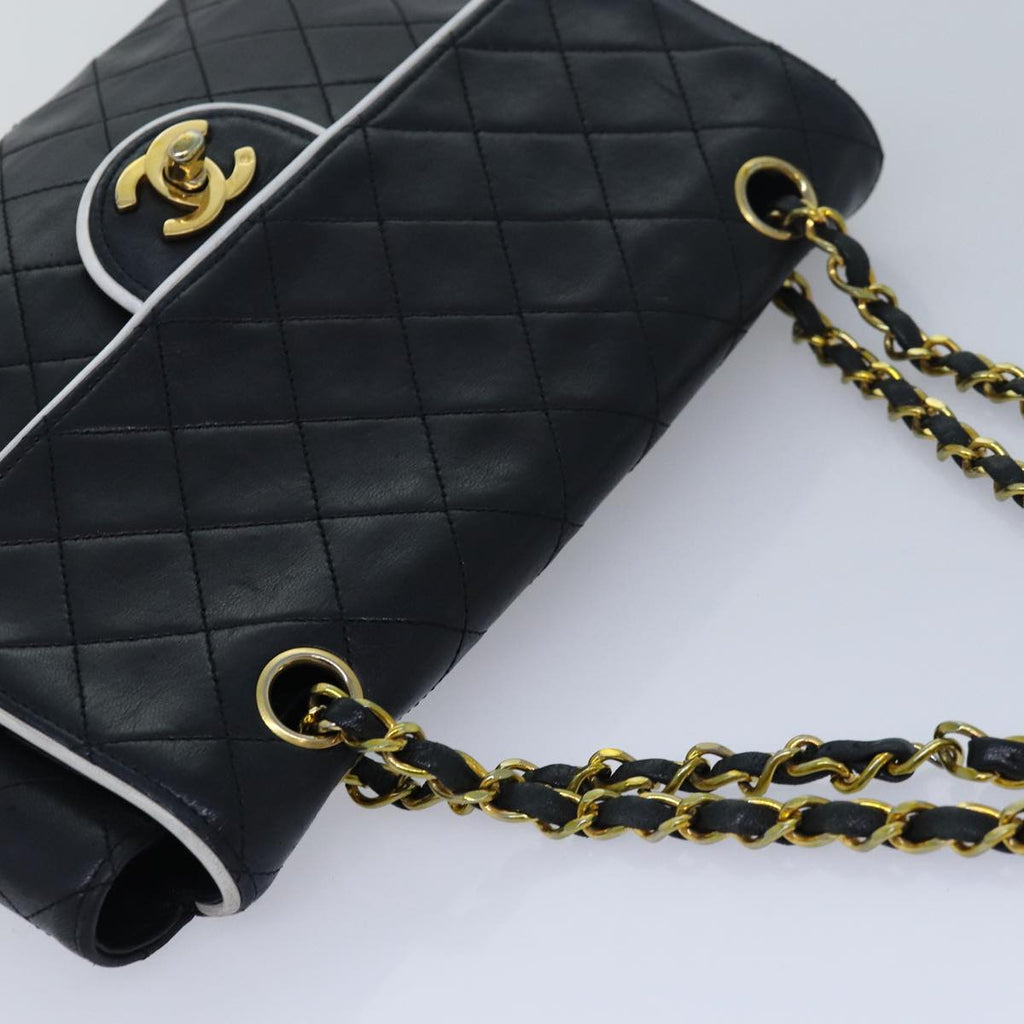 CHANEL Matelasse Turn Lock Chain Bag Lamb Skin Black White CC yk13824