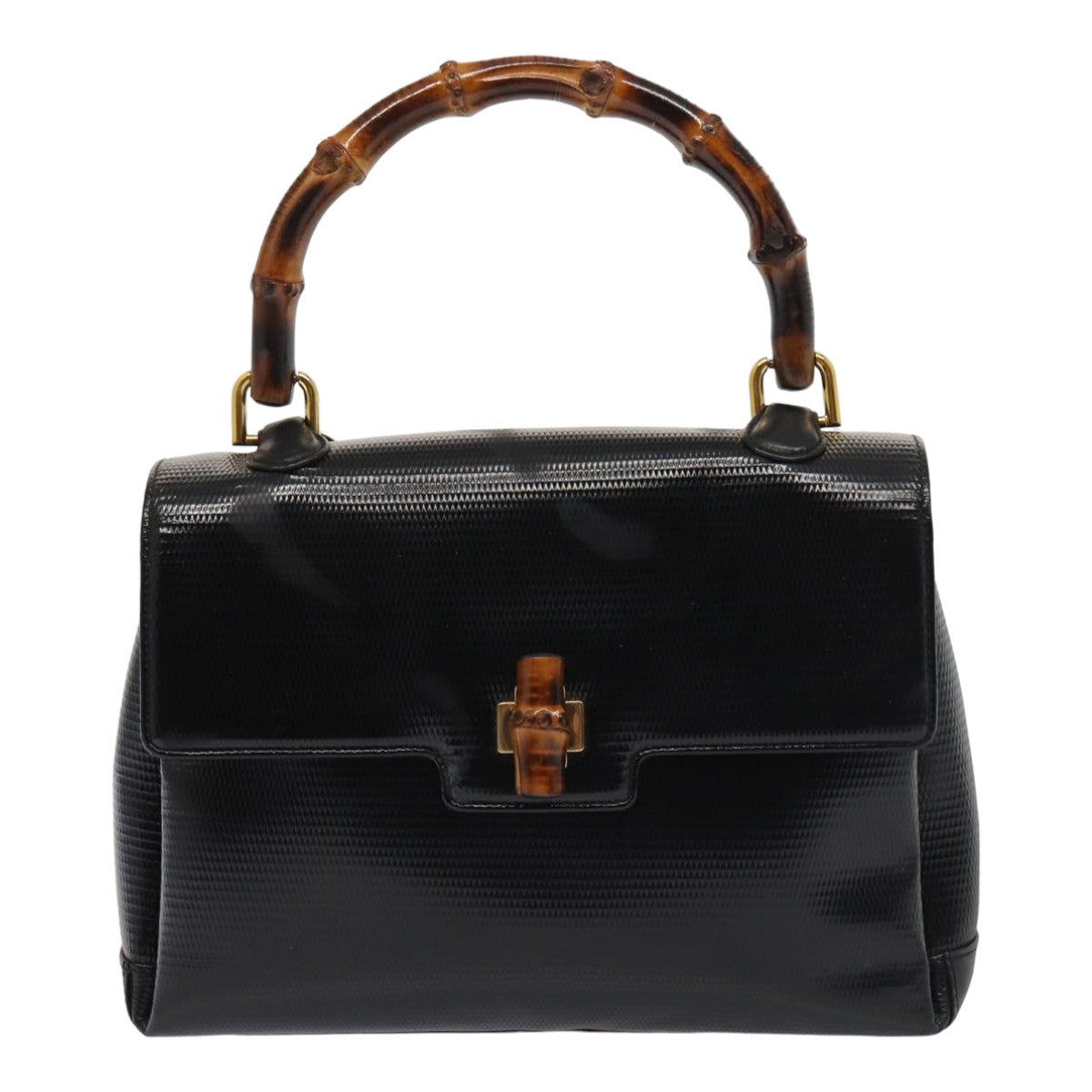 GUCCI Bamboo Hand Bag Patent leather Black yk13994