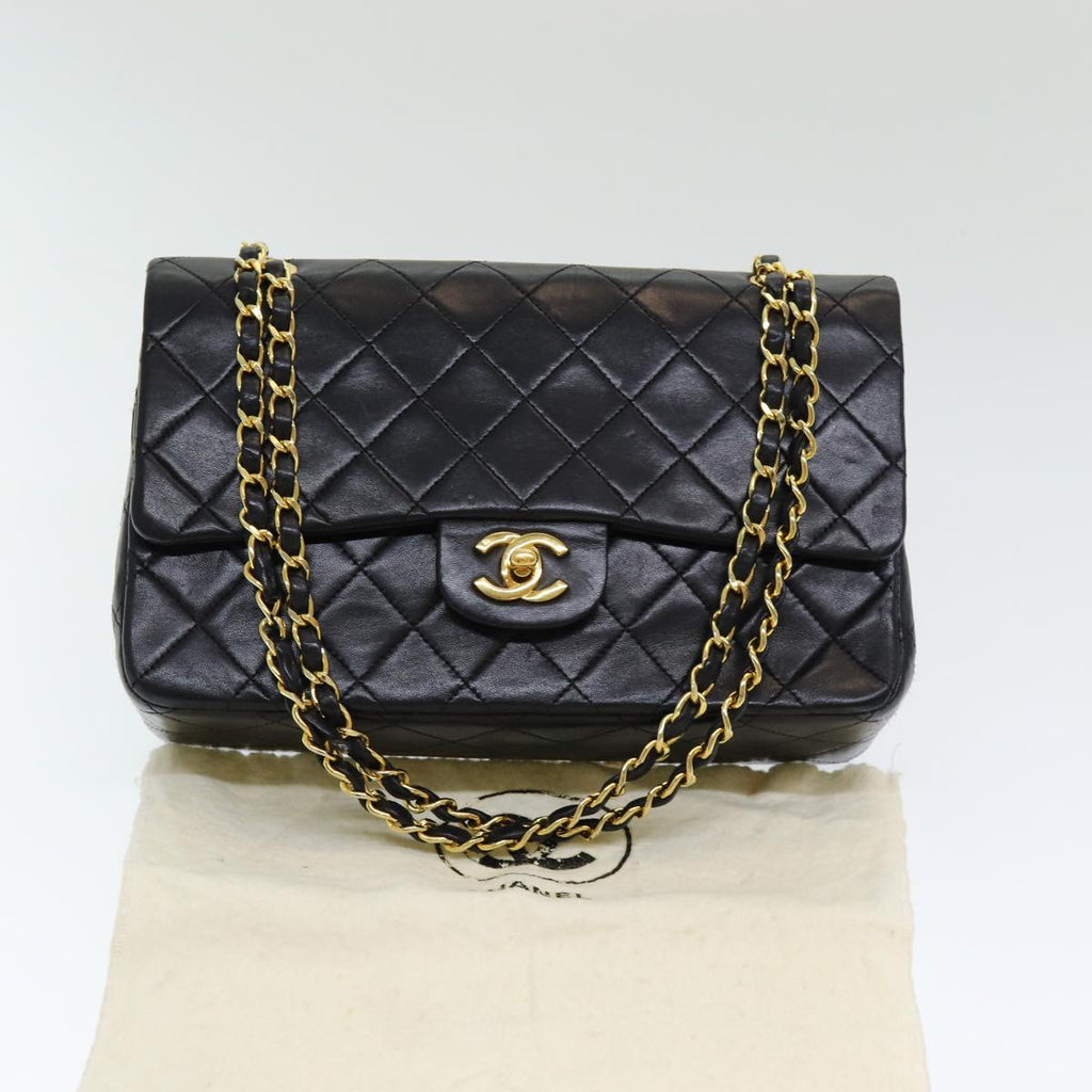 CHANEL Matelasse 25 Turn Lock Chain Hand Bag Lamb Skin Black CC yk14030A
