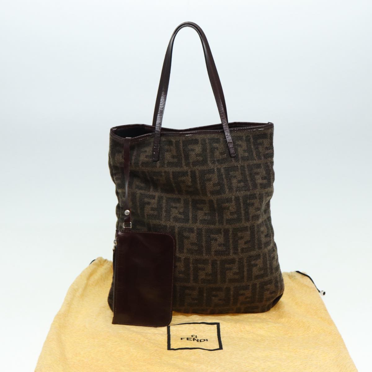 FENDI Zucca Canvas Tote Bag Wool Brown Black Silver yk14162