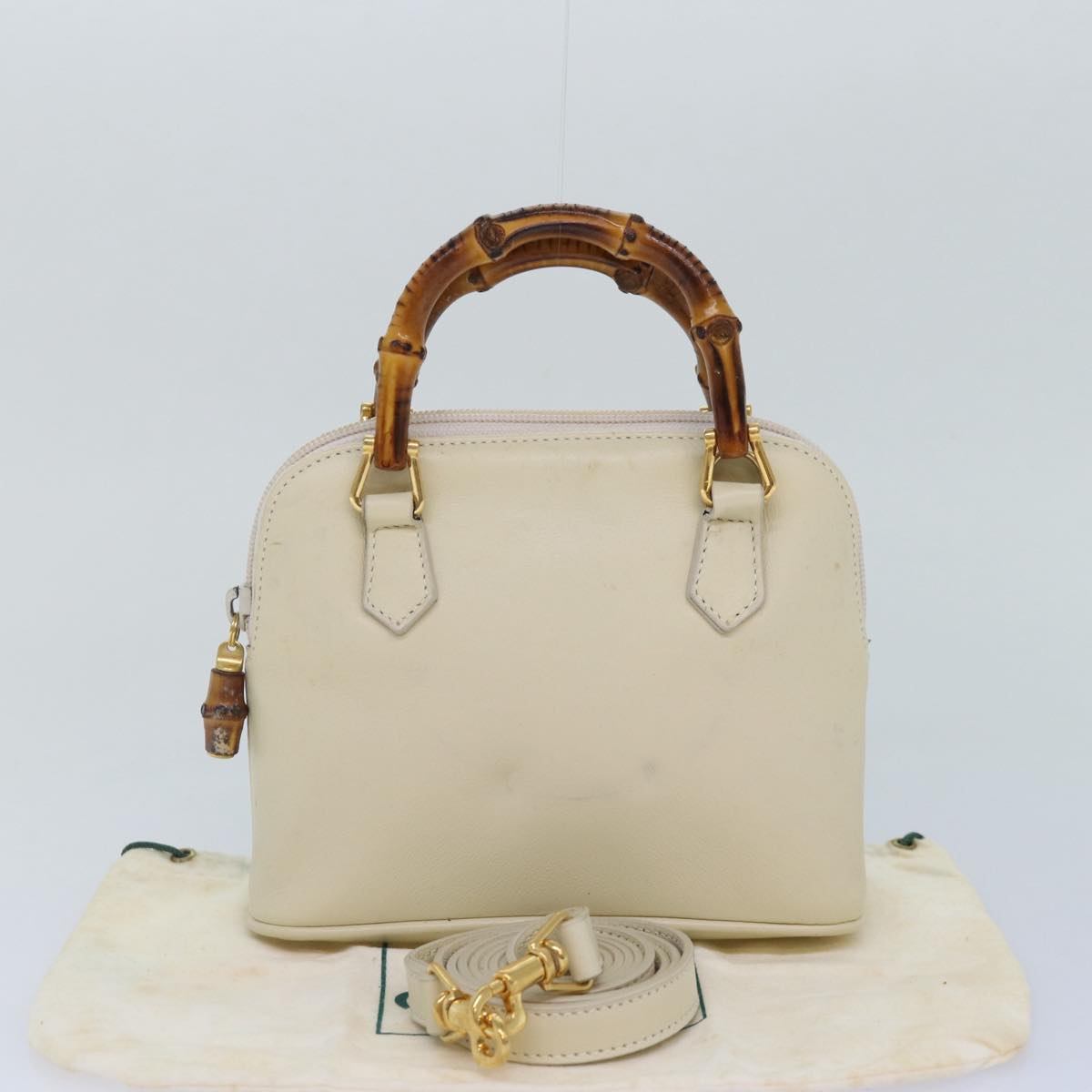 GUCCI Bamboo Hand Bag Leather 2way Cream Gold yk14170