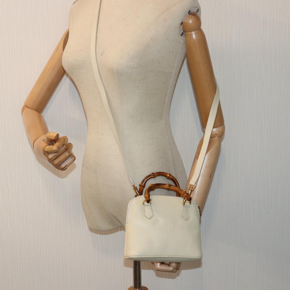 GUCCI Bamboo Hand Bag Leather 2way Cream Gold yk14170