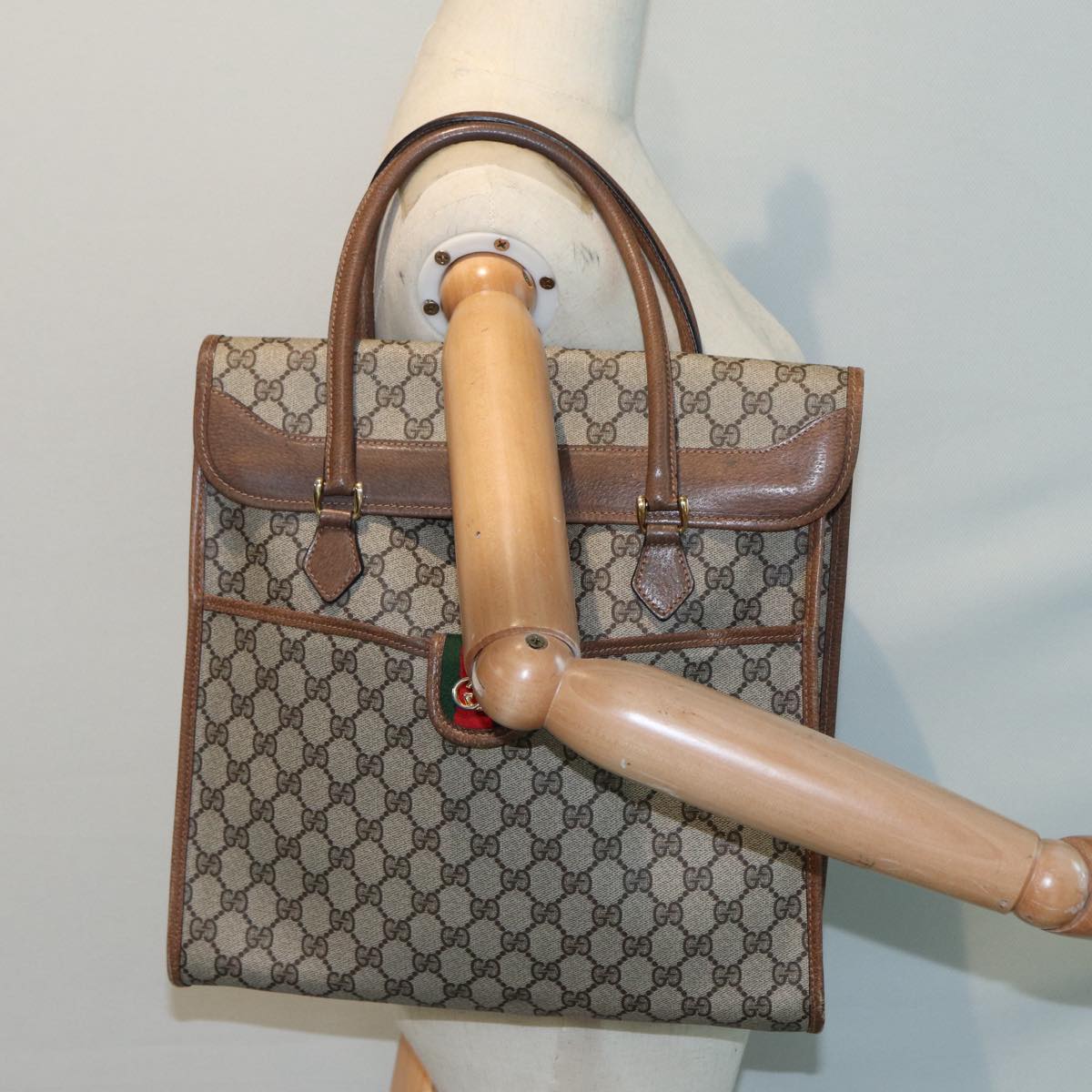GUCCI GG Supreme Web Sherry Line Hand Bag PVC Beige Gold 02 4139 58 yk14192