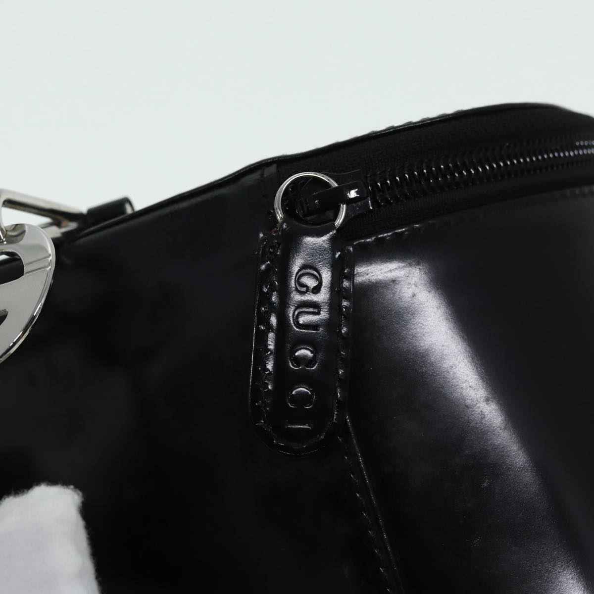 GUCCI Bamboo Vanity Hand Bag Patent Black Silver yk14261