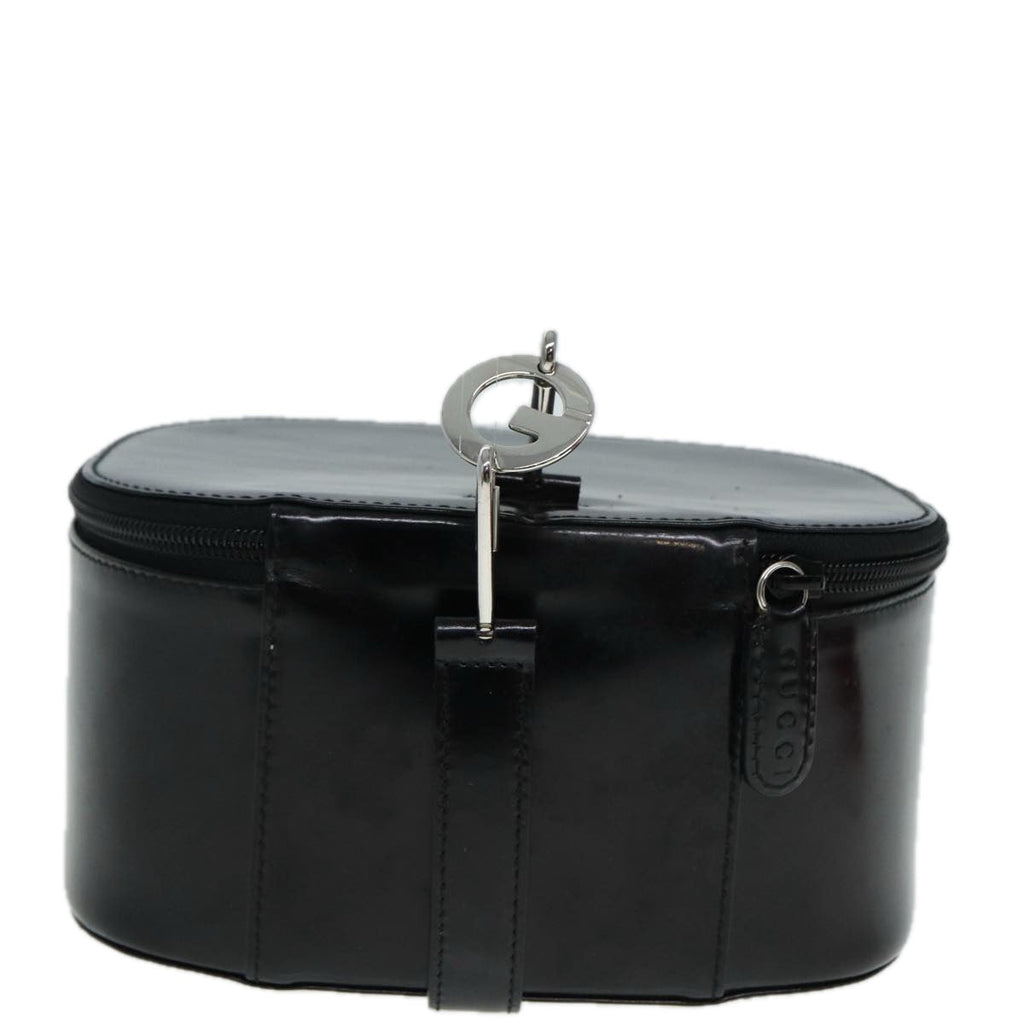 GUCCI Bamboo Vanity Hand Bag Patent Black Silver yk14261