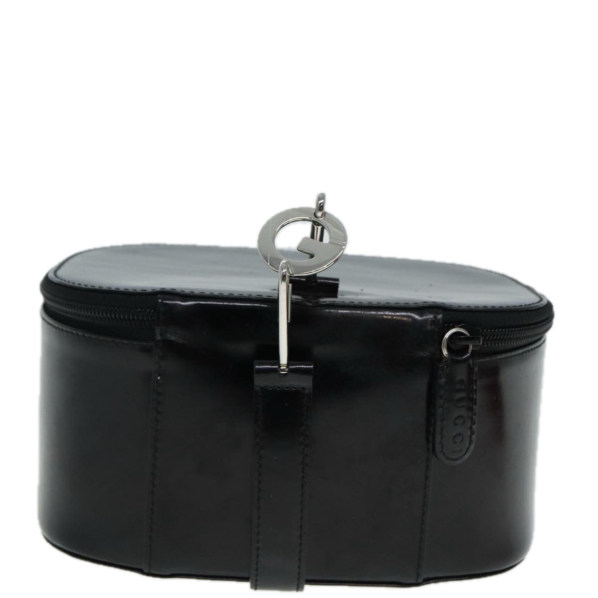 GUCCI Bamboo Vanity Hand Bag Patent Black Silver yk14261
