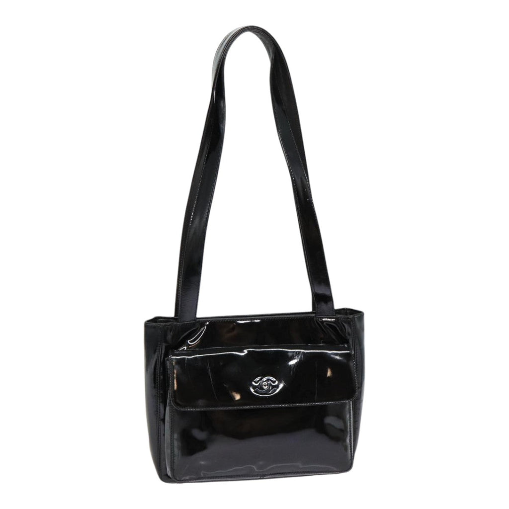 CHANEL COCO Mark Shoulder Bag Enamel Black Silver CC yk14331