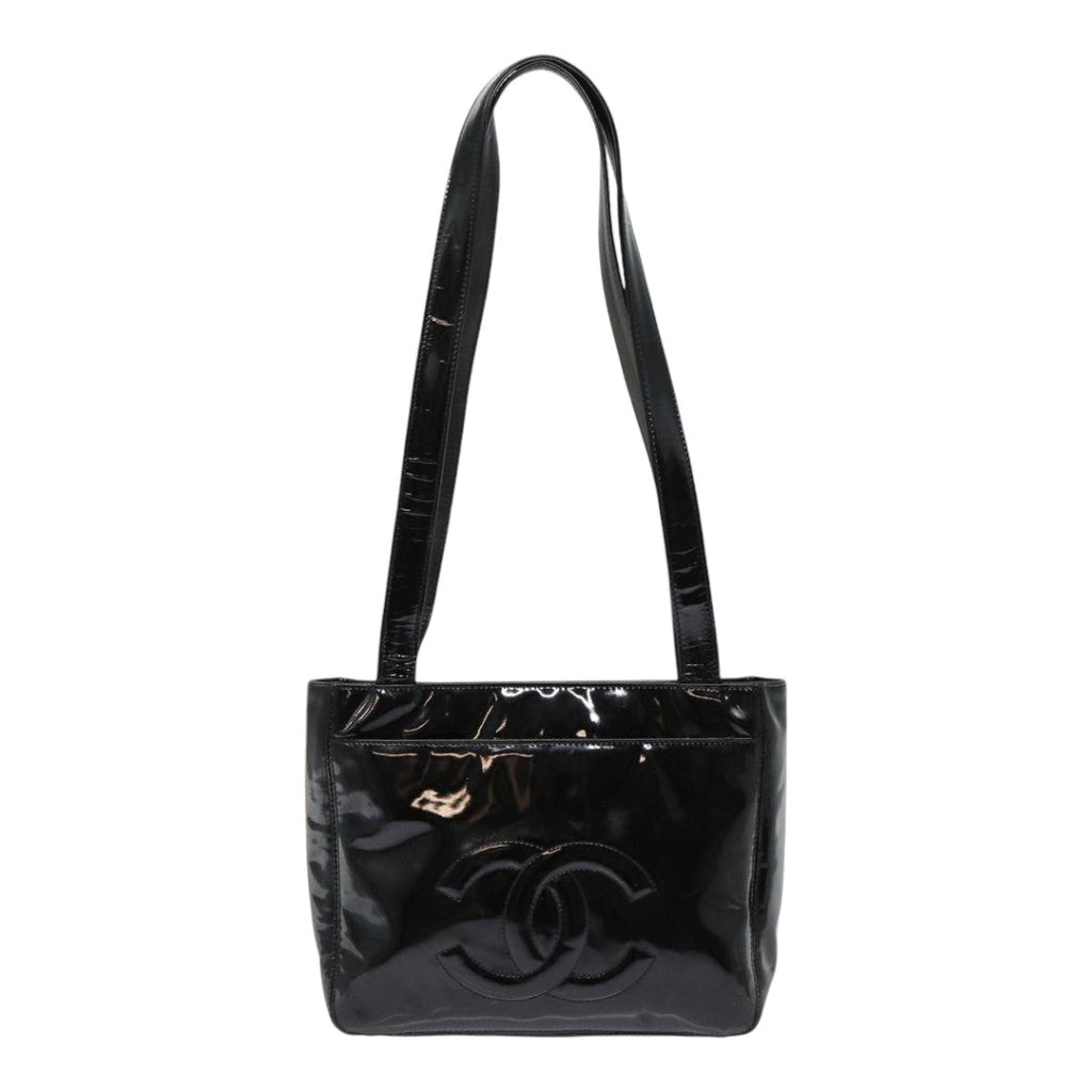 CHANEL COCO Mark Shoulder Bag Enamel Black Silver CC yk14331