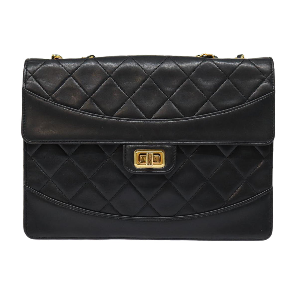 CHANEL Matelasse Turn Lock Chain Hand Bag Lamb Skin Black Gold CC yk14333A