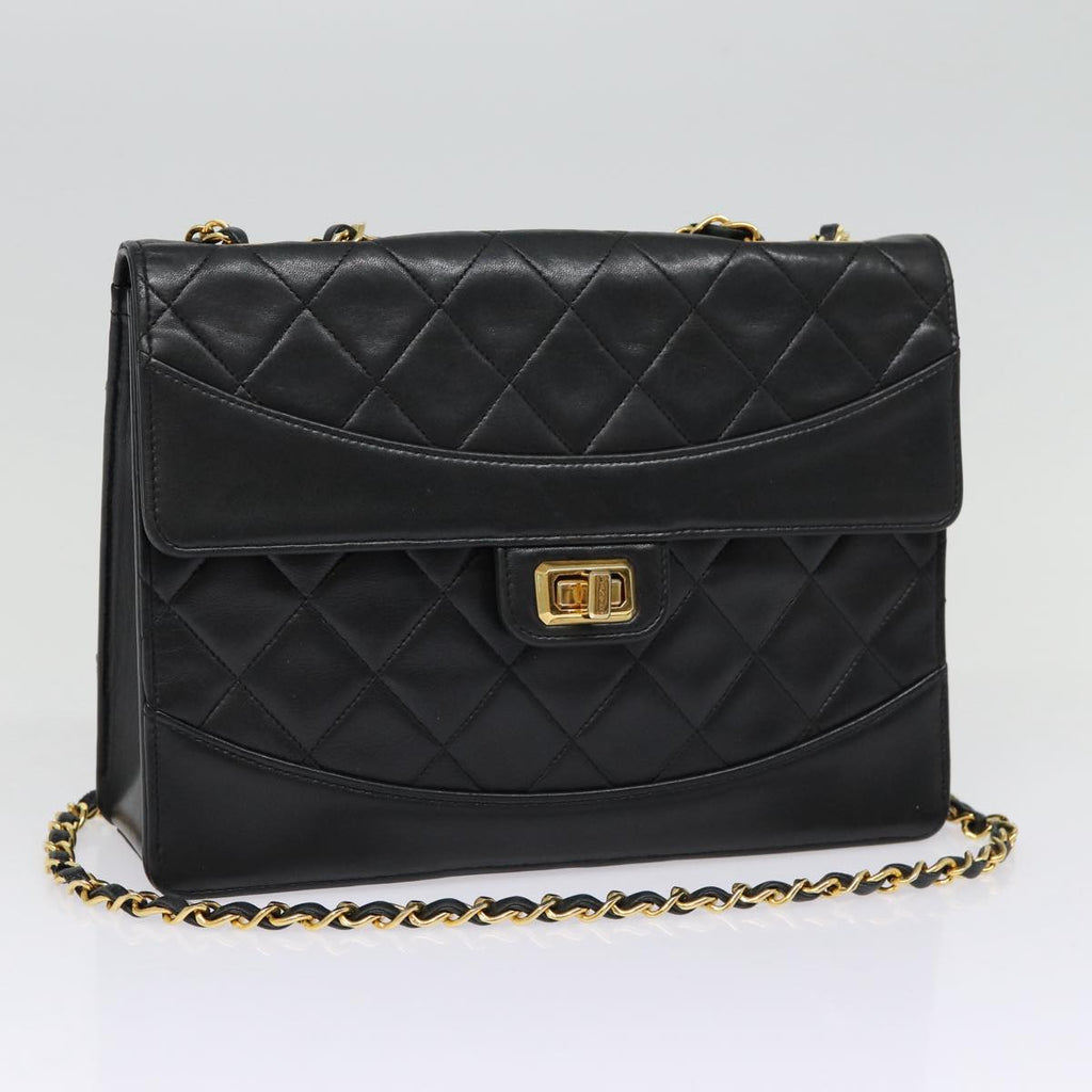 CHANEL Matelasse Turn Lock Chain Hand Bag Lamb Skin Black Gold CC yk14333A