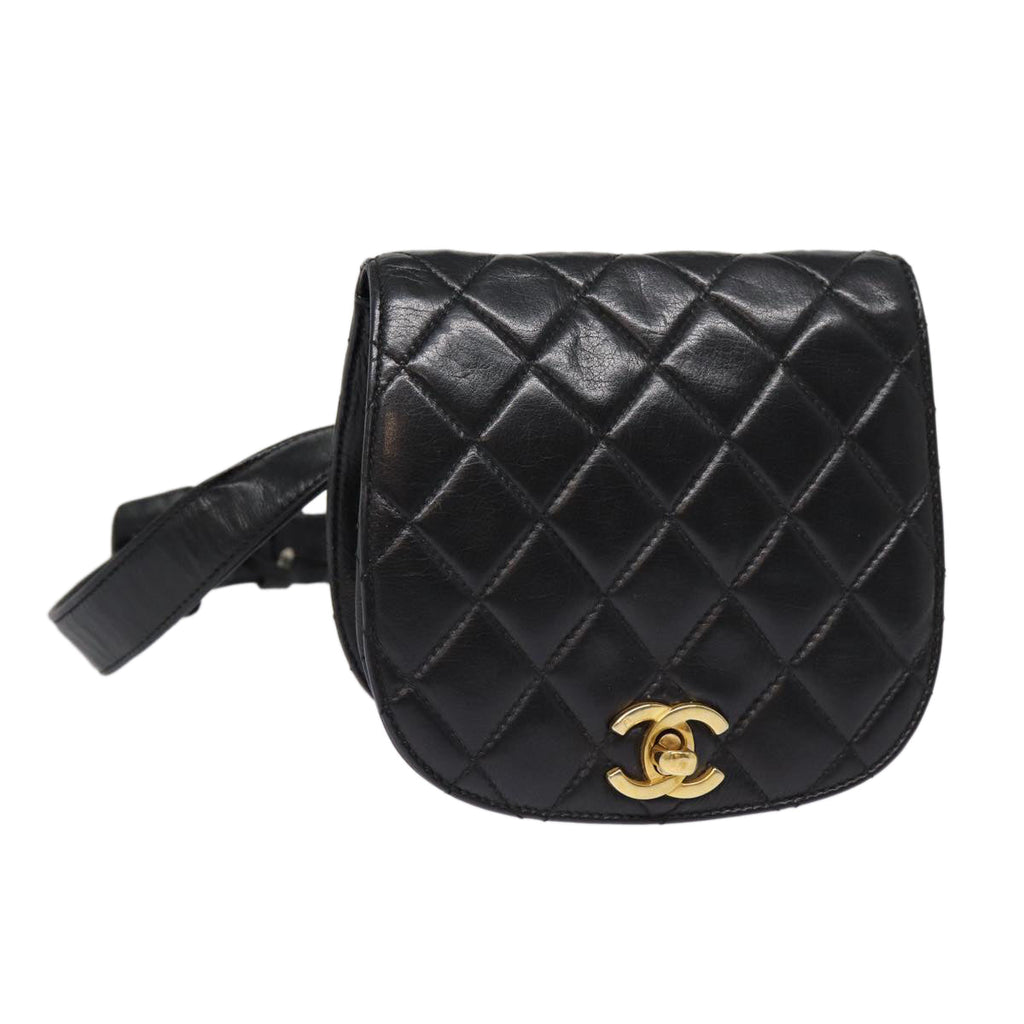 CHANEL Matelasse Turn Lock Waist bag Leather Black Gold CC yk14337