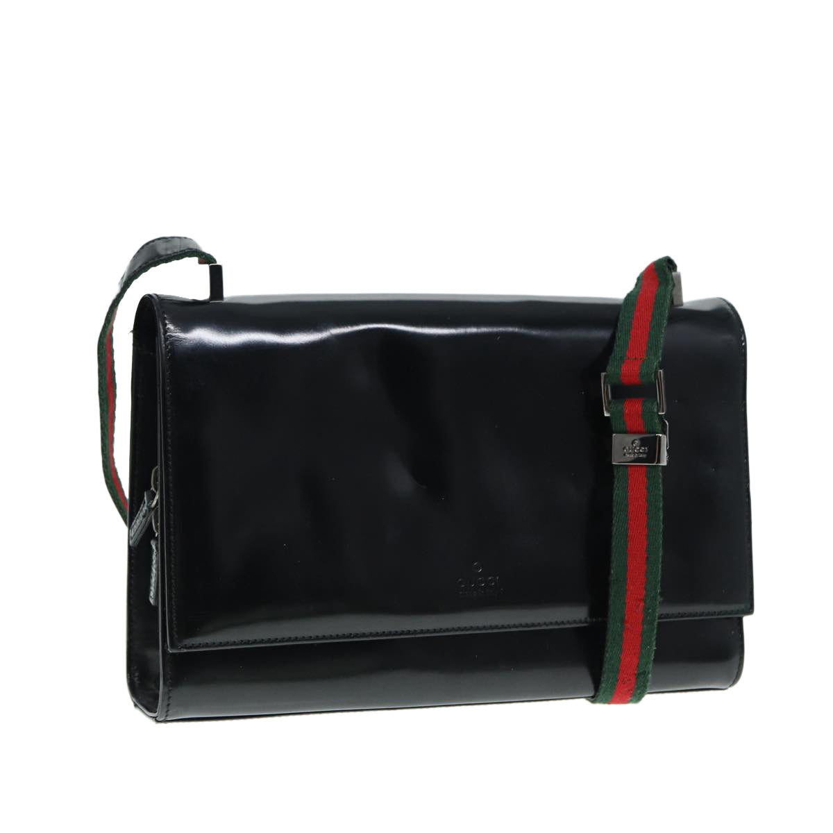 GUCCI Web Sherry Line Shoulder Bag Patent Leather Black Red 0013248 yk14343