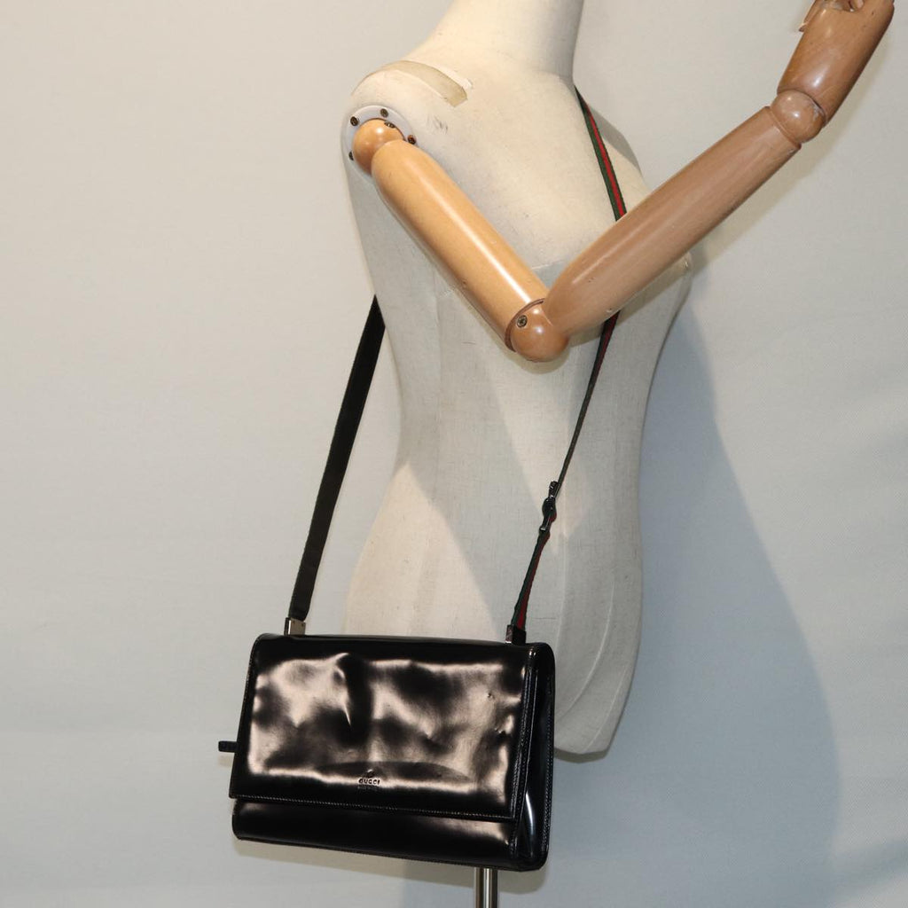 GUCCI Web Sherry Line Shoulder Bag Patent Leather Black Red 0013248 yk14343