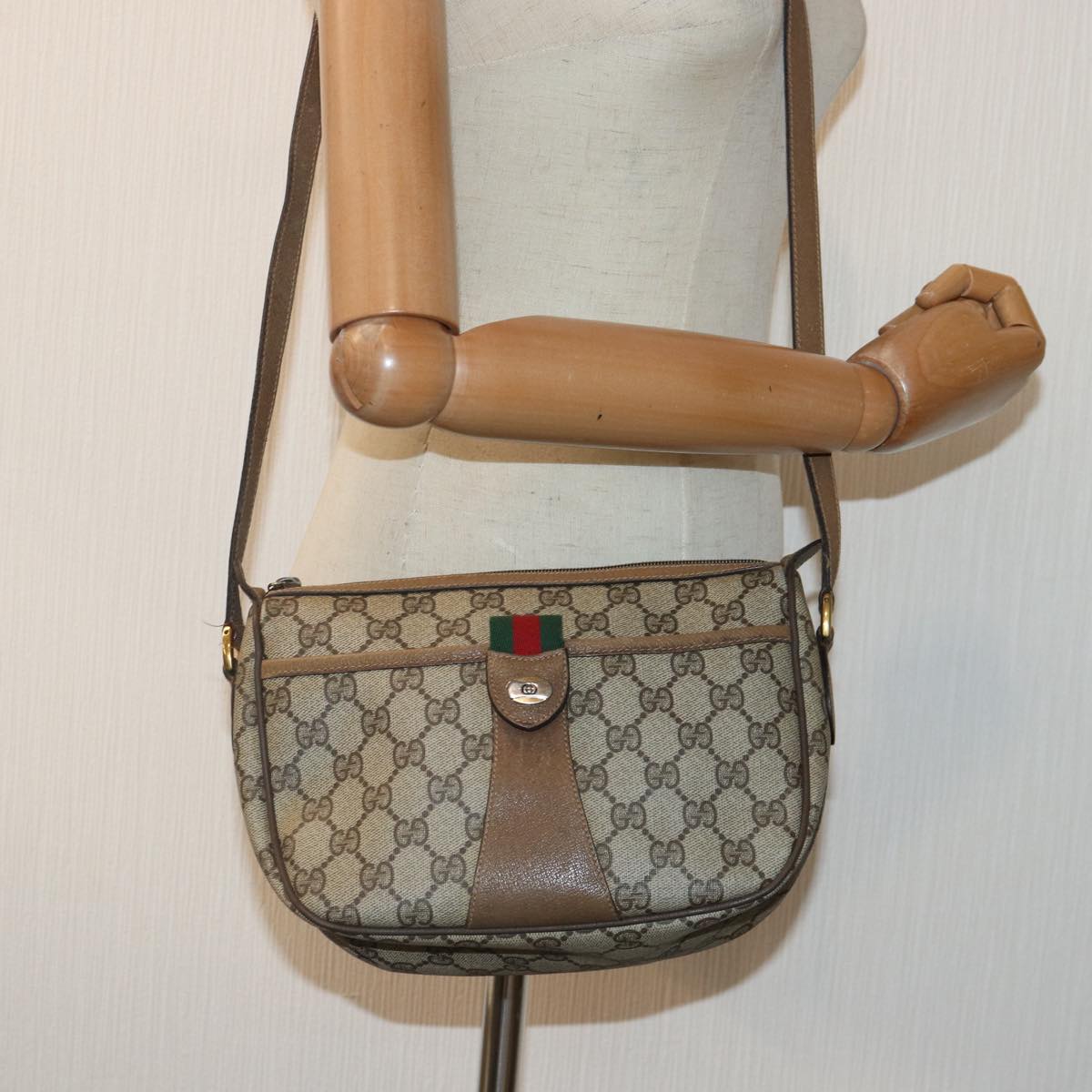 GUCCI GG Supreme Web Sherry Line Shoulder Bag PVC Beige Gold yk14355