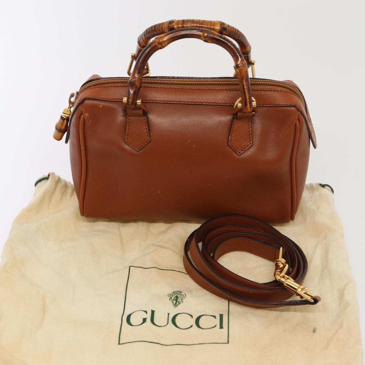 GUCCI Bamboo Hand Bag Leather 2way Brown Gold 007 3444 0232 yk14371