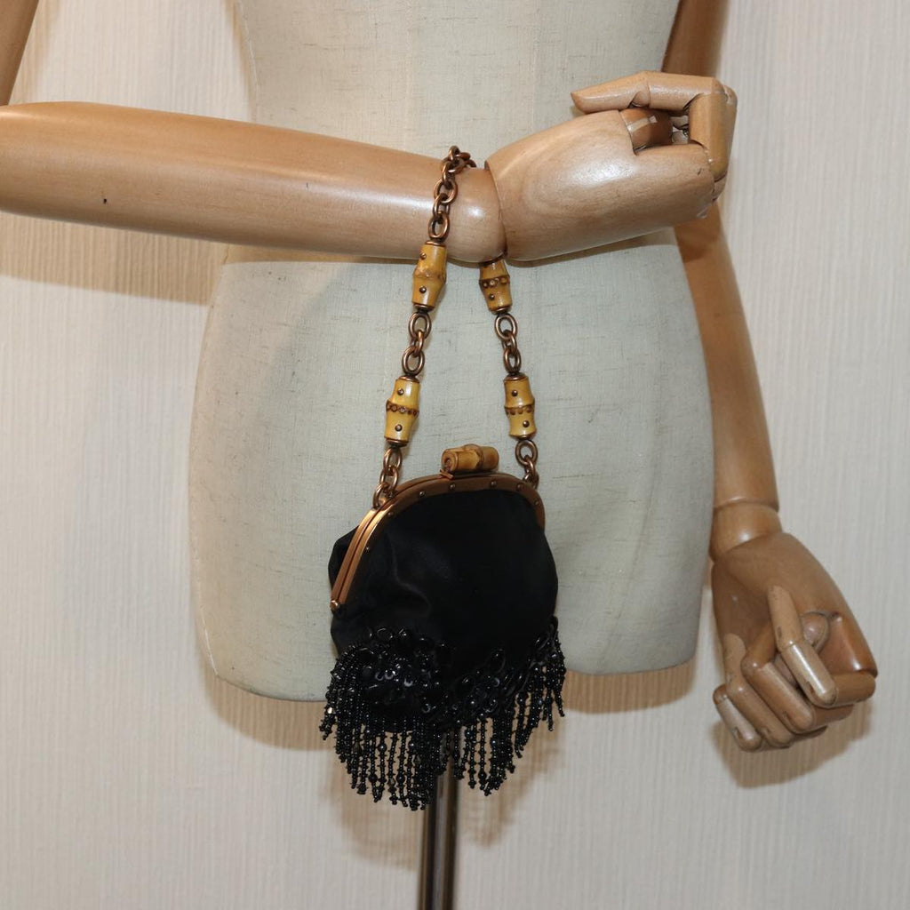 GUCCI Bamboo Beads Chain Purse Pouch Canvas Black 125587 yk14373