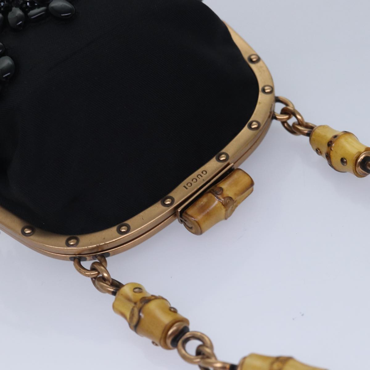 GUCCI Bamboo Beads Chain Purse Pouch Canvas Black 125587 yk14373