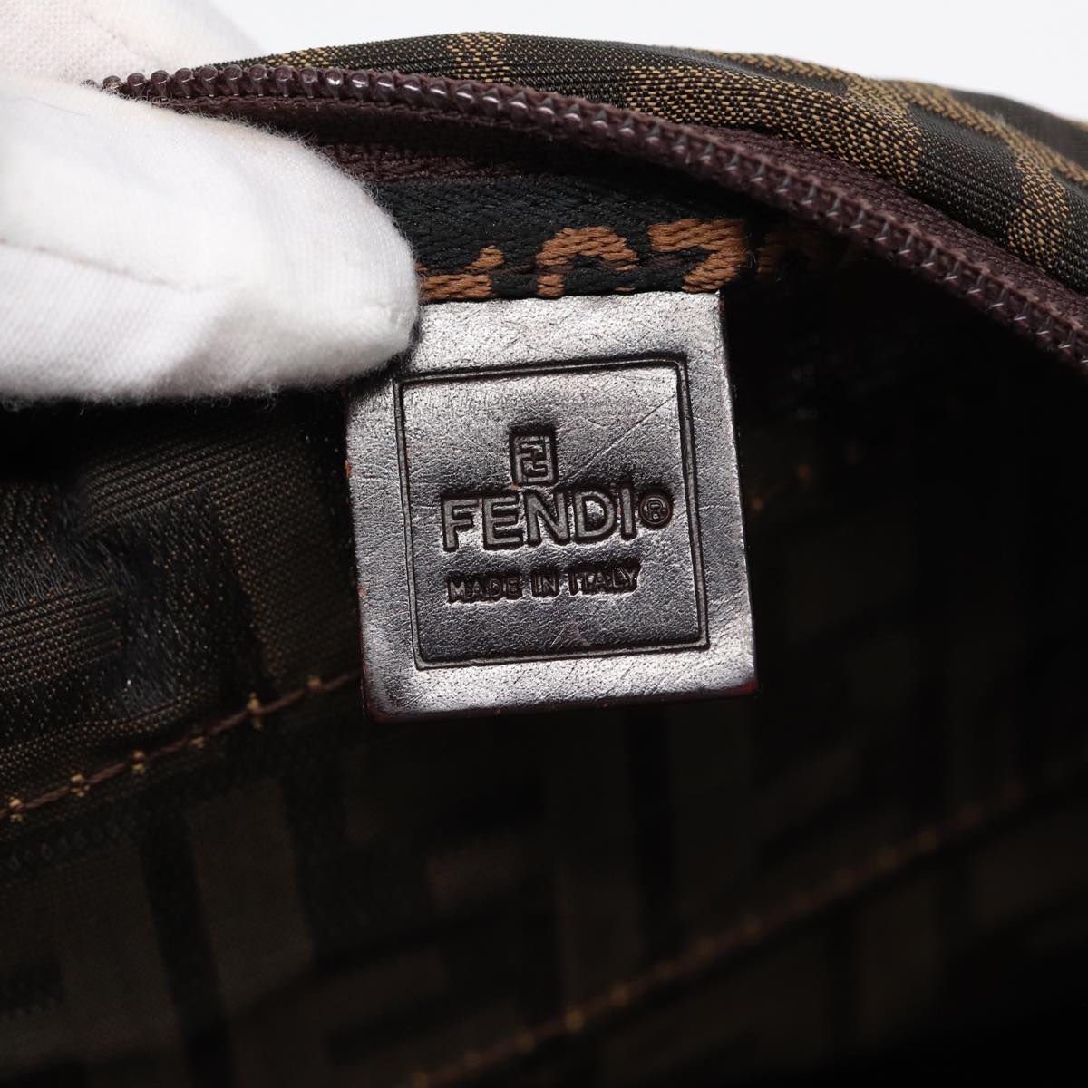 FENDI Zucca Canvas Hand Bag Brown Black Silver yk14392