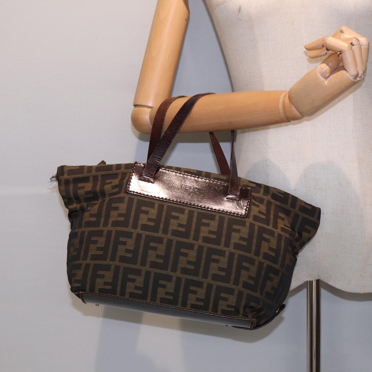 FENDI Zucca Canvas Hand Bag Brown Black Silver yk14392