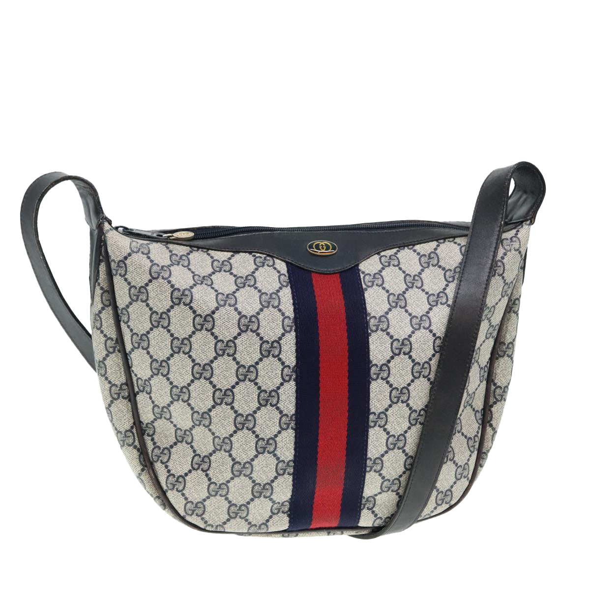 GUCCI GG Supreme Web Sherry Line Shoulder Bag PVC Leather Navy yk14395