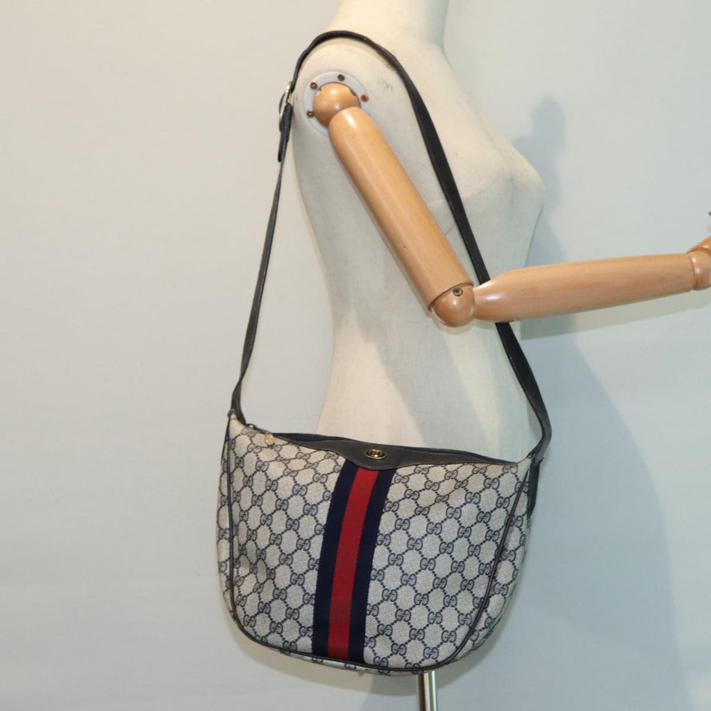 GUCCI GG Supreme Web Sherry Line Shoulder Bag PVC Leather Navy yk14395