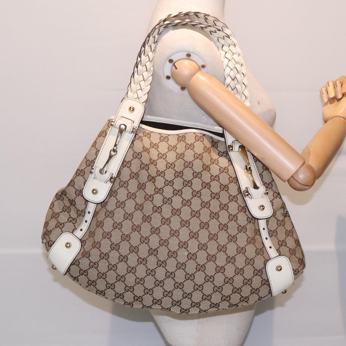 GUCCI GG Canvas Horsebit Tote Bag Beige Silver 137621 yk14424