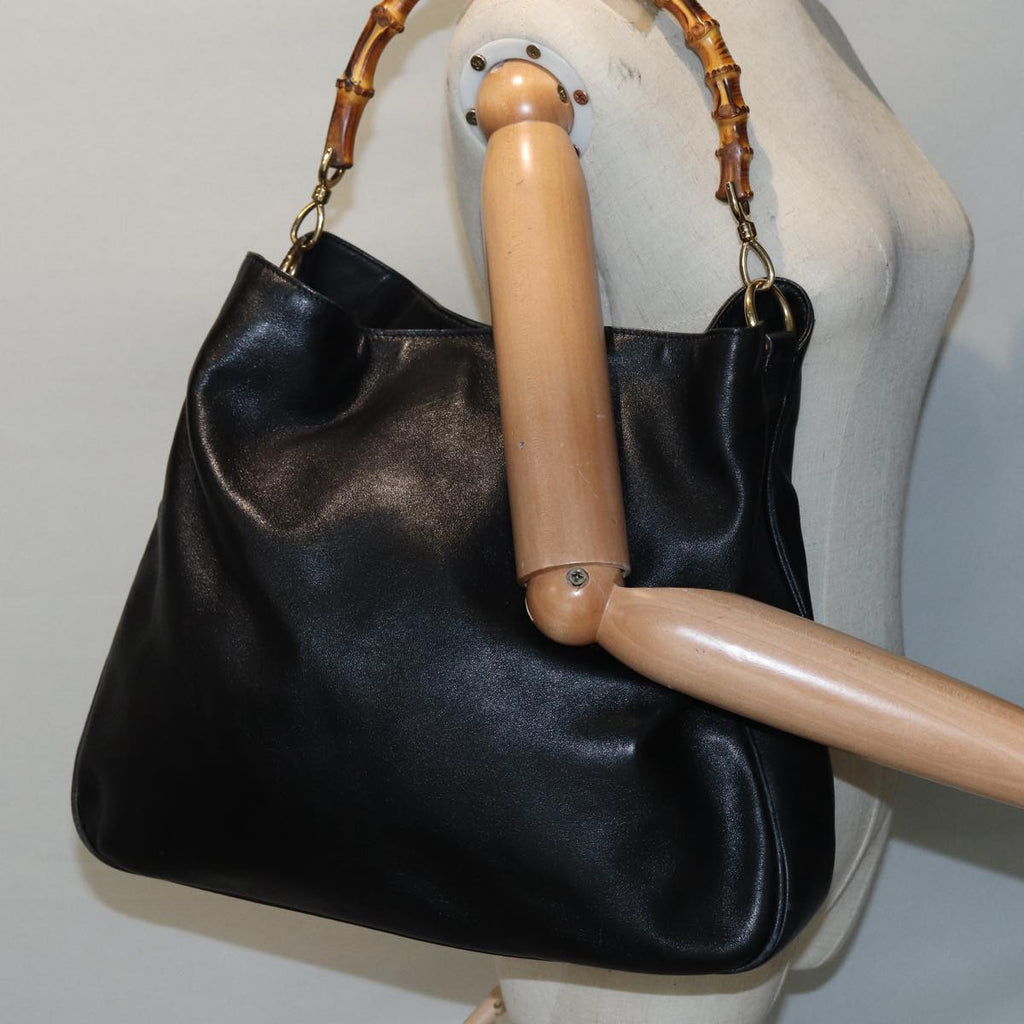 GUCCI Bamboo Hand Bag Leather Black Gold 001 3754 1577 yk14446