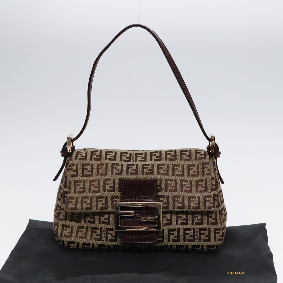 FENDI Zucchino Canvas Mini Mamma Baguette Hand Bag Beige Gold yk14500A