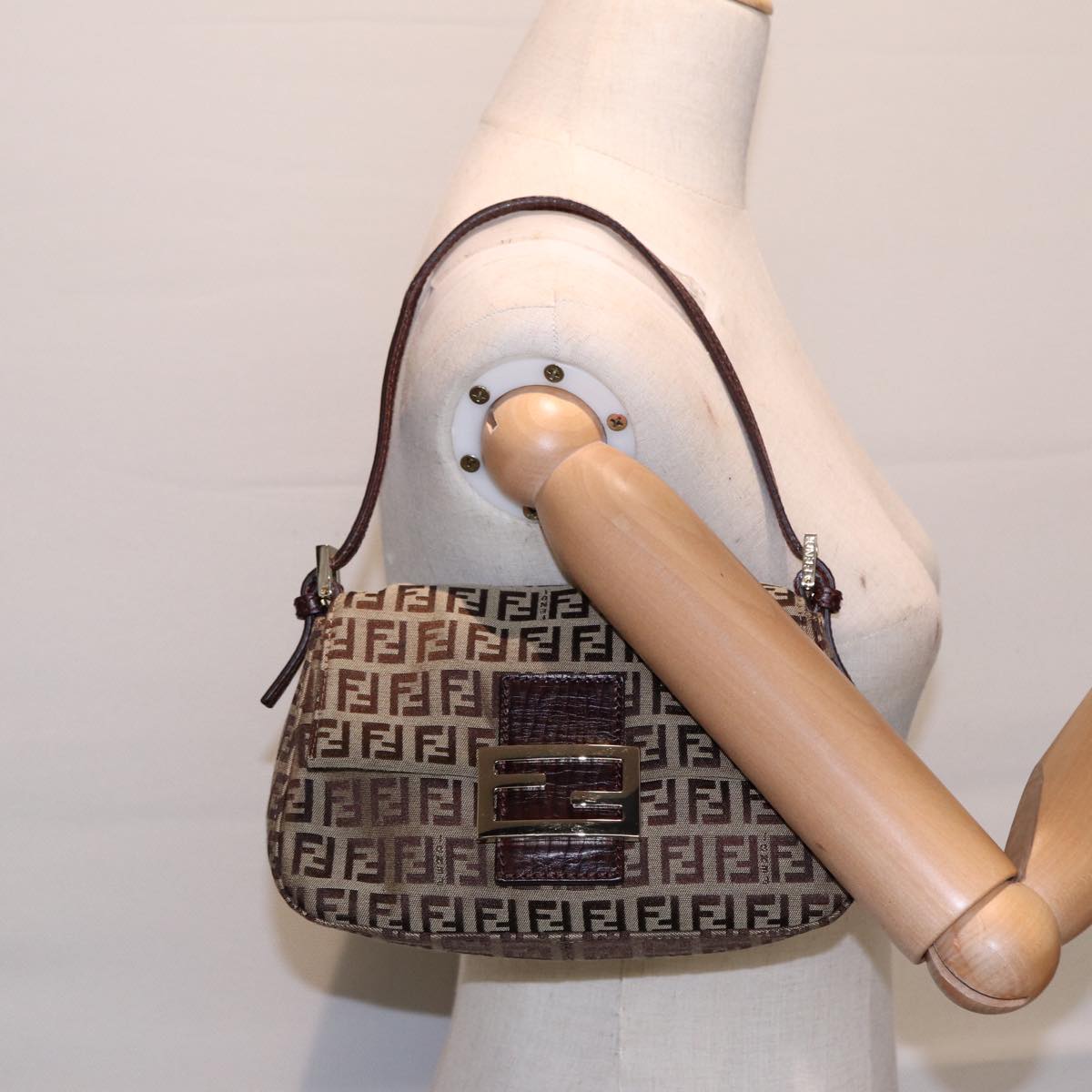 FENDI Zucchino Canvas Mini Mamma Baguette Hand Bag Beige Gold yk14500A
