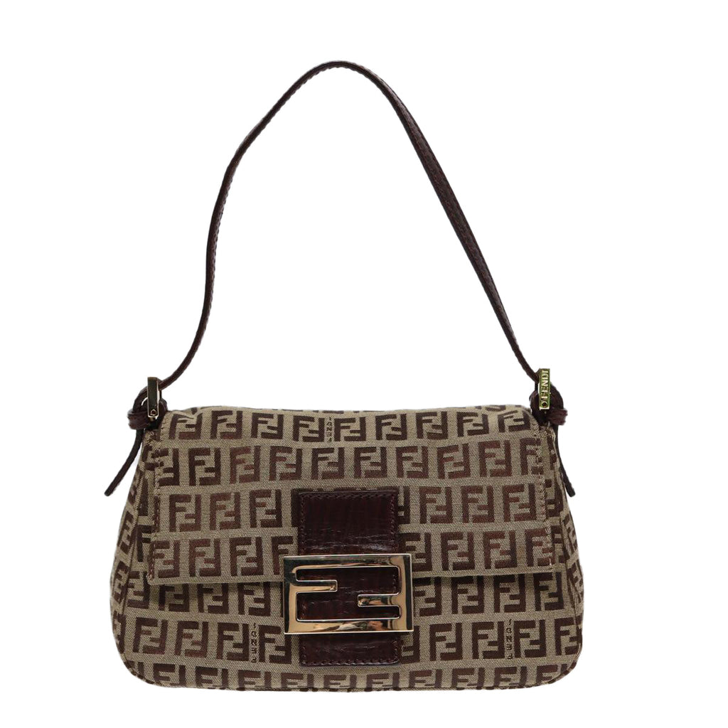 FENDI Zucchino Canvas Mini Mamma Baguette Hand Bag Beige Gold yk14500A