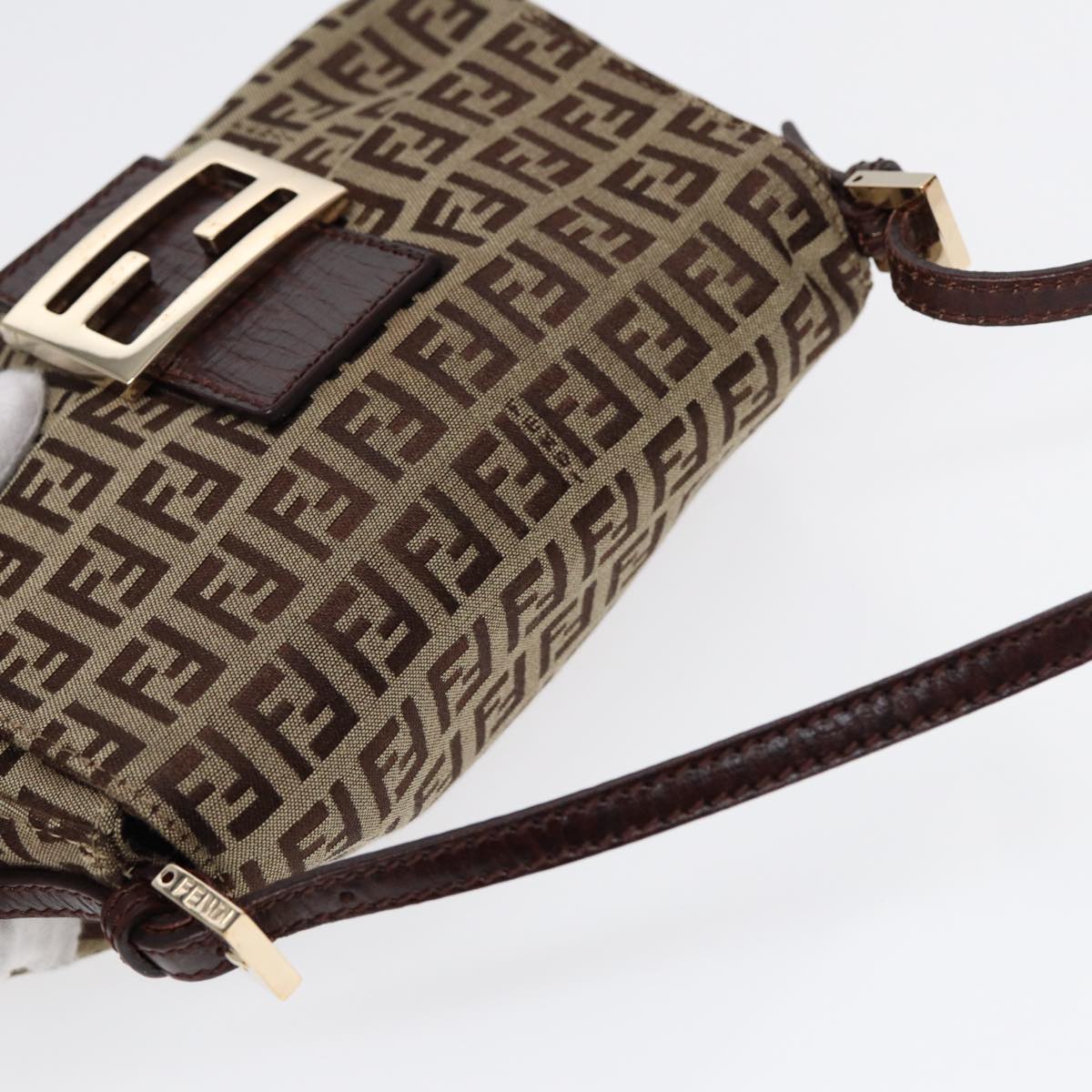 FENDI Zucchino Canvas Mini Mamma Baguette Hand Bag Beige Gold yk14500A