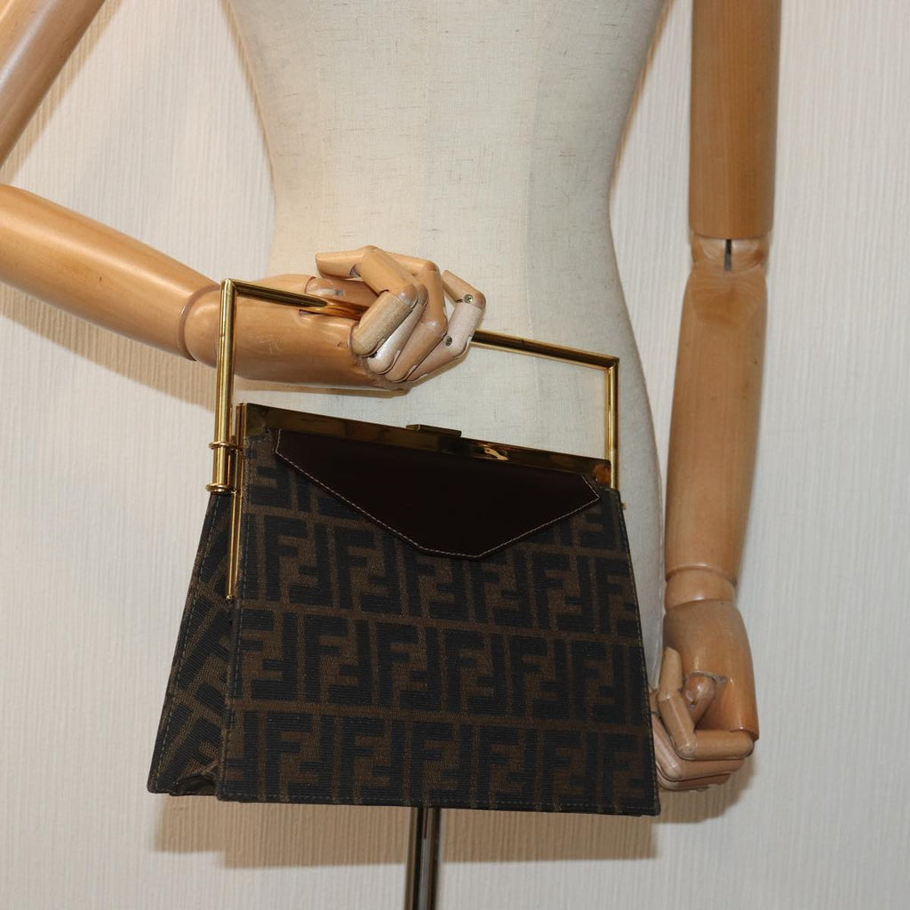 FENDI Zucca Canvas Hand Bag Gold Black Brown yk14520A