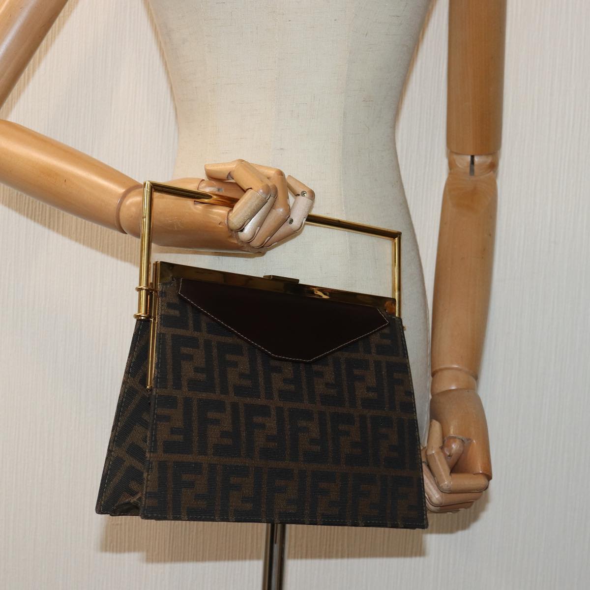 FENDI Zucca Canvas Hand Bag Gold Black Brown yk14520A