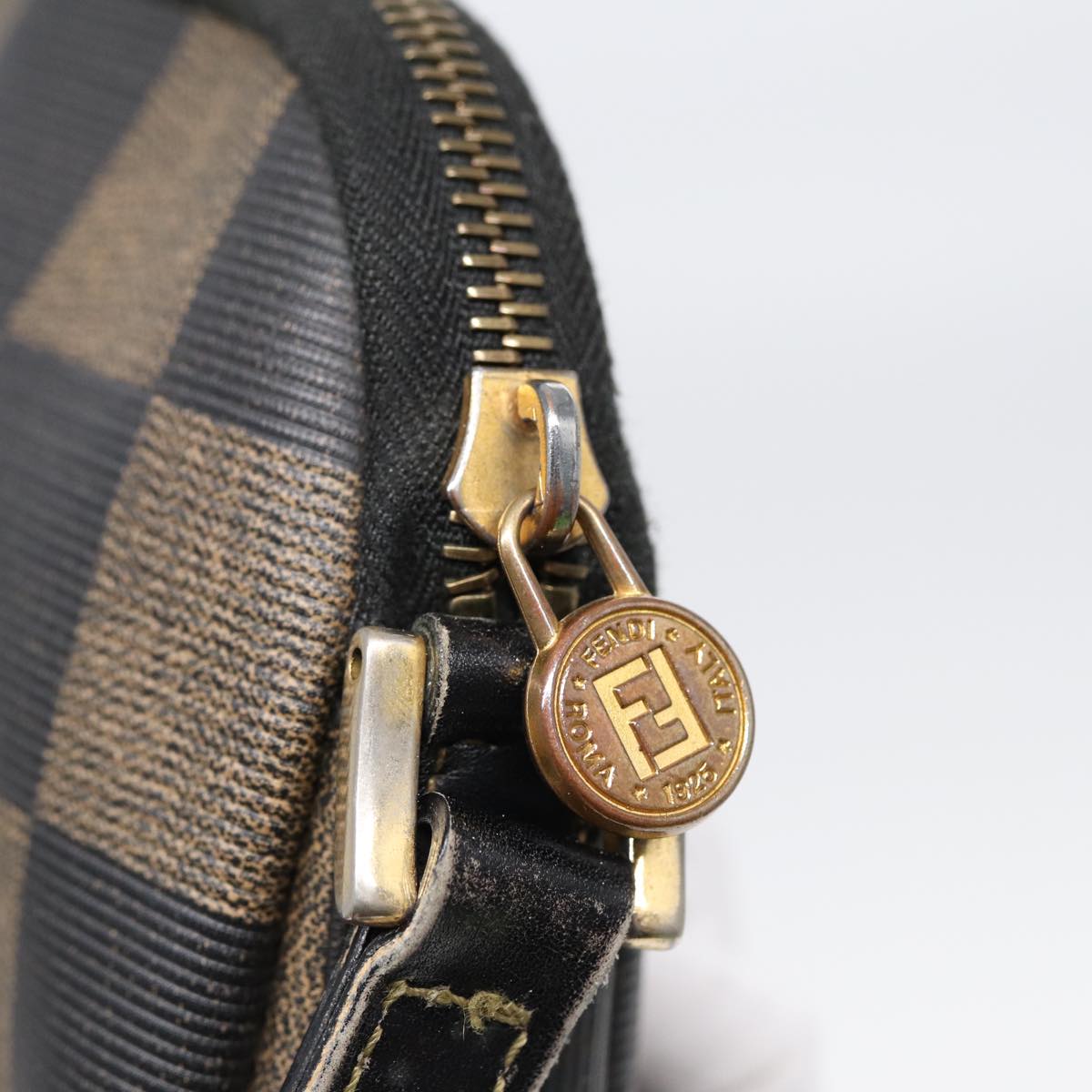 FENDI Pecan Canvas Shoulder Bag Brown Black gold yk14567